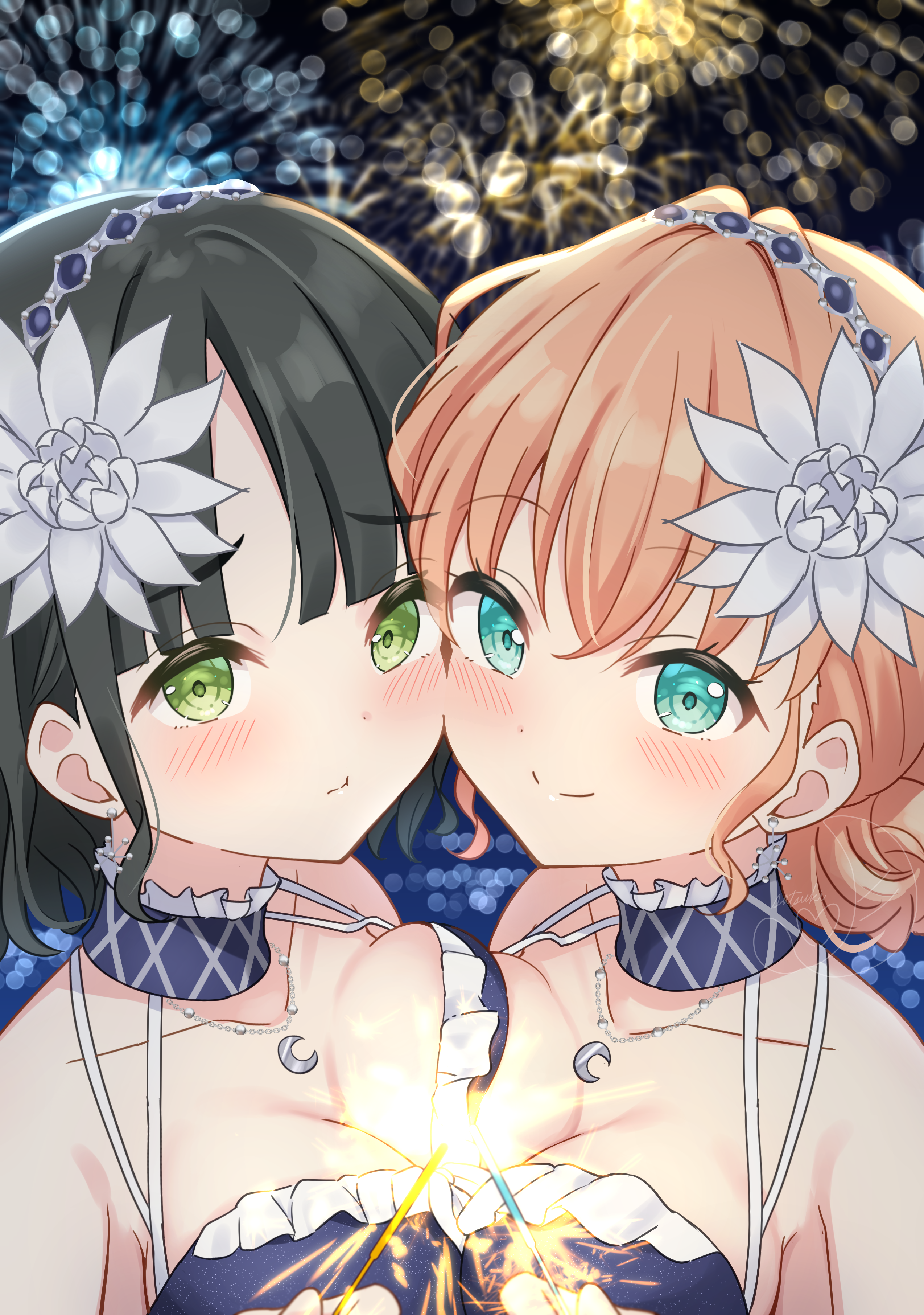 hanazora satsuki, hinoshita kaho, momose ginko, link! like! love live!, love live!, absurdres, commentary, highres, symbol-only commentary, 2girls, :t, aerial fireworks, asymmetrical docking, atarayo hanabi, bikini, black hair, blue bikini, blue eyes, blunt bangs, blurry, blurry background, bokeh, breast press, breasts, cerise bouquet, cheek-to-cheek, cleavage, closed mouth, collarbone, crescent, crescent necklace, crossed bangs, depth of field, fireworks, flower, frilled bikini, frills, green eyes, hair bun, hair flower, hair ornament, heads together, holding, holding fireworks, jewelry, large breasts, lotus, multi-strapped bikini top, multiple girls, necklace, night, official alternate costume, orange hair, pout, raised inner eyebrows, short hair, single hair bun, smile, sparkler, split mouth, swimsuit, virtual youtuber, white flower