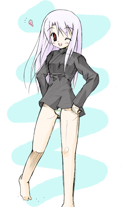 illyasviel von einzbern, fate/stay night, fate (series), 00s, 1girl, female focus, green panties, heart, no pants, one eye closed, panties, solo, striped clothes, striped panties, underwear, wink