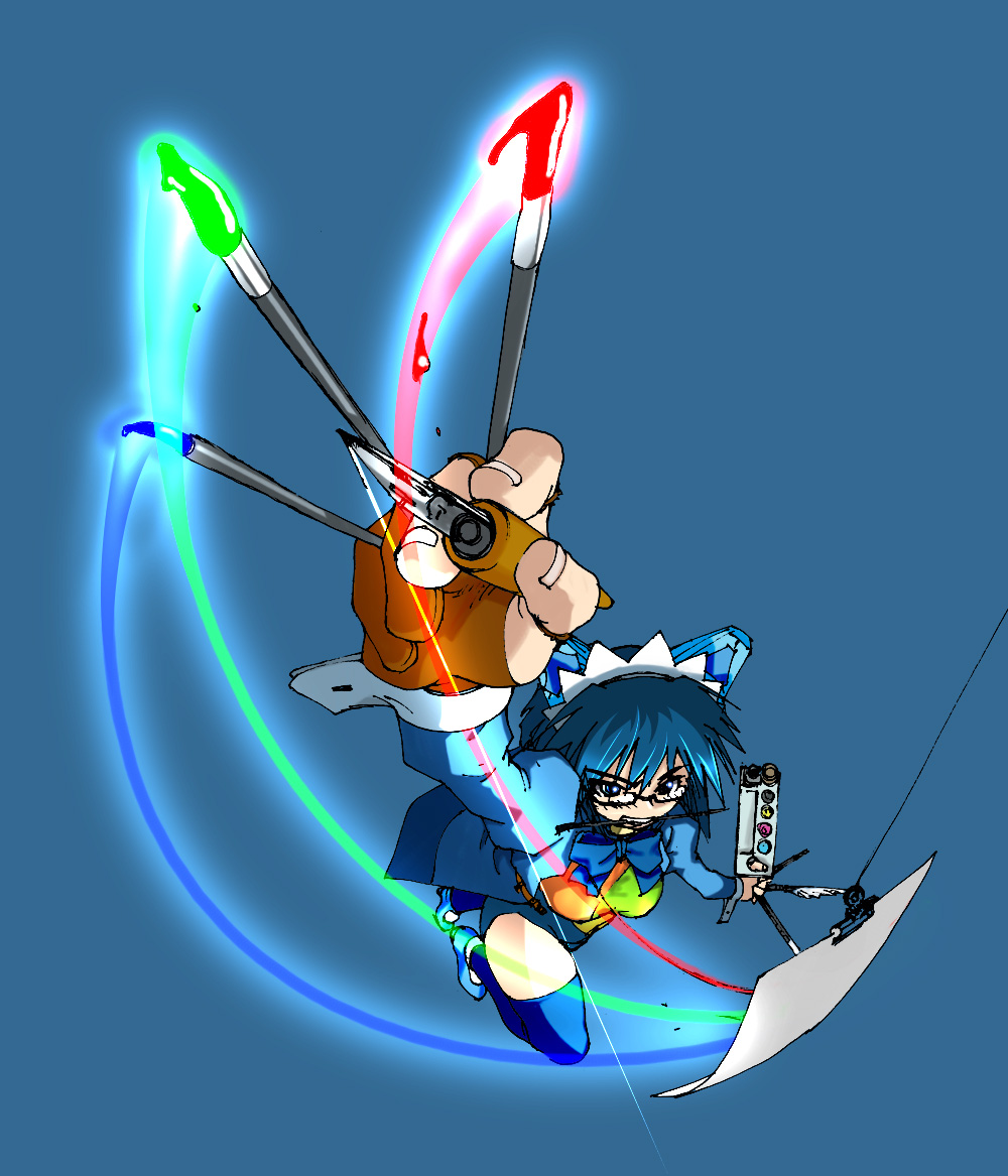 2k-tan, os-tan, tagme, art brush, blue background, blue thighhighs, glasses, paint palette, paintbrush, painting (action), simple background, solo, thighhighs