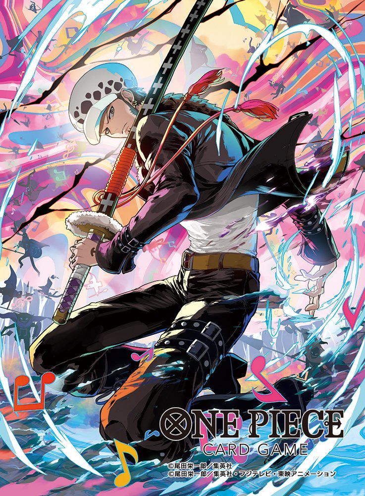 moreshan, trafalgar law, one piece, one piece card game, one piece film: red, commentary request, official art, 1boy, black hair, black jacket, closed mouth, copyright name, earrings, hand tattoo, hat, holding, holding sword, holding weapon, jacket, jewelry, leather, leather jacket, leather pants, looking at viewer, male focus, pants, sideburns, sword, tattoo, weapon