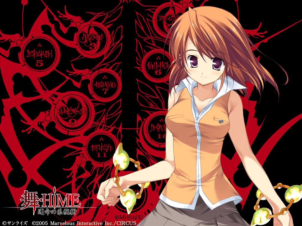 yaegashi nan, tokiha mai, circus (studio), my-hime, unmei no keitouju, official art, official wallpaper, 00s, 1girl, 2005, ahoge, bare shoulders, black eyes, bracelet, brown skirt, copyright name, female focus, floating hair, jewelry, logo, looking at viewer, orange hair, orange shirt, purple eyes, school uniform, serafuku, shirt, skirt, sleeveless, smile, solo, vest