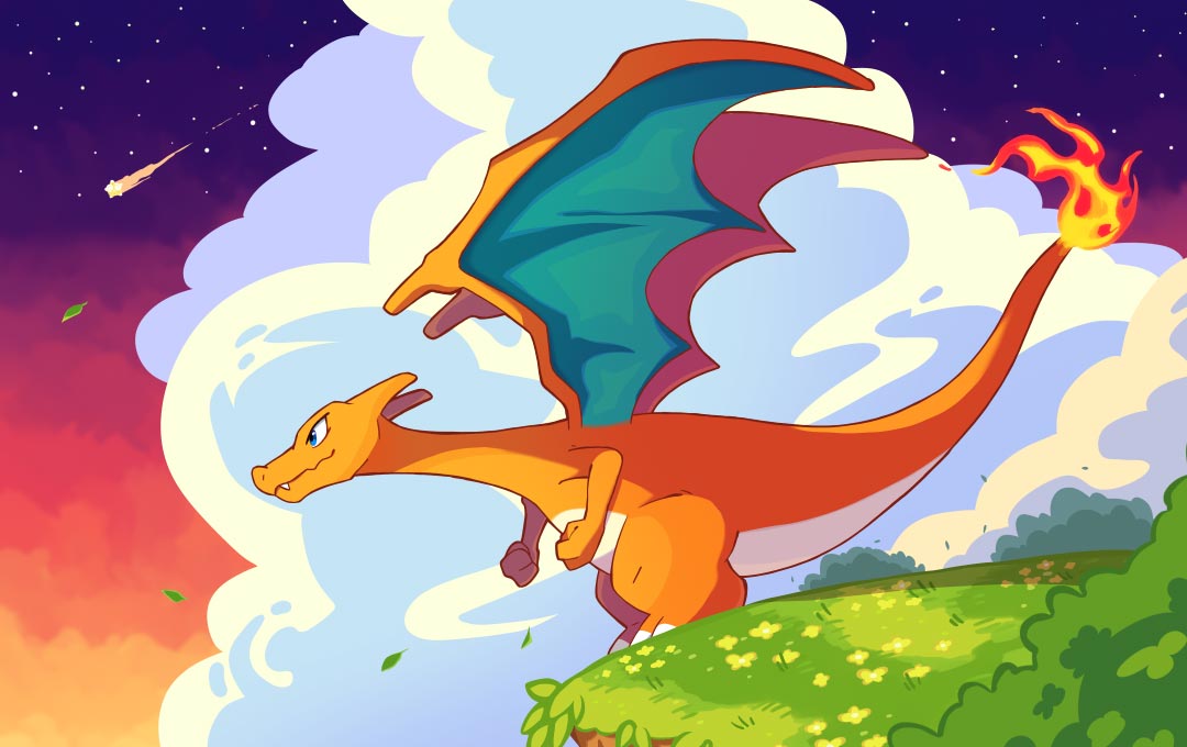 charizard, nintendo, pokemon, pokemon tcg, artist request, second-party source, blue eyes, clenched hands, closed mouth, cloud, dragon, dragon wings, fangs, fire, flame-tipped tail, from side, full body, gen 1 pokemon, grass, no humans, outdoors, pokemon (creature), pokemon focus, shooting star, smile, solo, star (sky), tail, wings