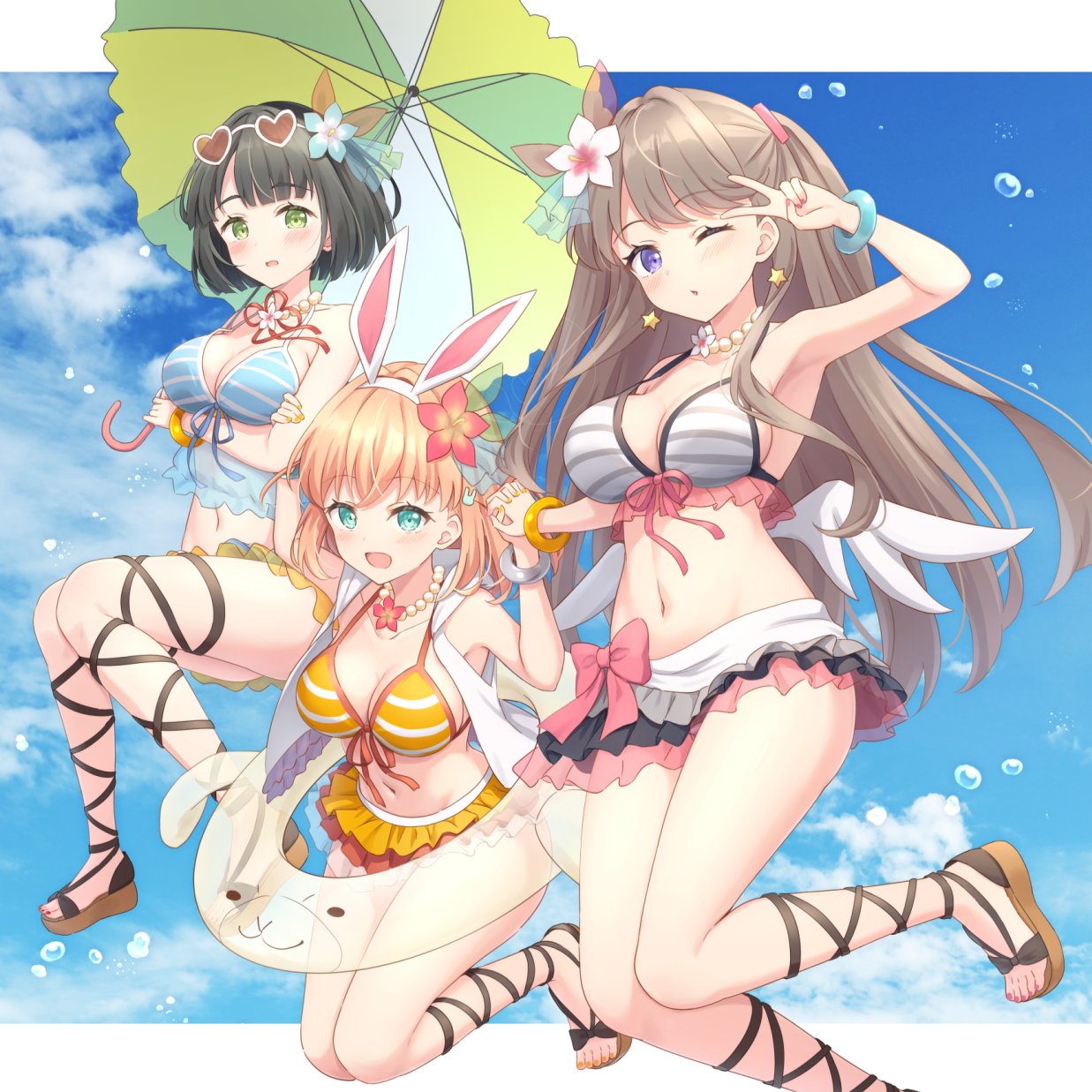 hanazora satsuki, fujishima megumi, hinoshita kaho, kosaka honoka, momose ginko, nishikino maki, yazawa nico, link! like! love live!, love live!, love live! school idol project, commentary, highres, symbol-only commentary, 3girls, :d, animal ear hairband, animal ears, aqua eyes, arm under breasts, armpits, bead necklace, beads, bikini, bikini skirt, black hair, blue background, blue bikini, blue flower, blue sky, blunt bangs, blunt ends, blush, bob cut, bracelet, breasts, brown hair, brown sandals, cleavage, closed mouth, cosplay, cowboy shot, crossed bangs, earrings, fake animal ears, flower, flower knot, flower necklace, frilled bikini, frills, front-tie bikini top, front-tie top, grabbing another's arm, green eyes, green umbrella, grey bikini, hair flower, hair ornament, hairband, hibiscus, holding, holding hands, holding umbrella, hood, hooded jacket, interlocked fingers, jacket, jacket over swimsuit, jewelry, kosaka honoka (cosplay), large breasts, leg up, letterboxed, long hair, looking at viewer, medium hair, multiple girls, natsuiro egao de 1 2 jump!, navel, necklace, nishikino maki (cosplay), official alternate costume, one eye closed, open clothes, open jacket, open mouth, orange bikini, orange hair, outside border, purple eyes, rabbit ear hairband, rabbit ears, red flower, sandals, short hair, sky, sleeveless, sleeveless jacket, smile, star (symbol), star earrings, stirrup footwear, stomach, strap gap, string bikini, swimsuit, two side up, umbrella, umbrella over shoulder, v, v over eye, virtual youtuber, white-framed eyewear, white flower, white hairband, white jacket, yazawa nico (cosplay)