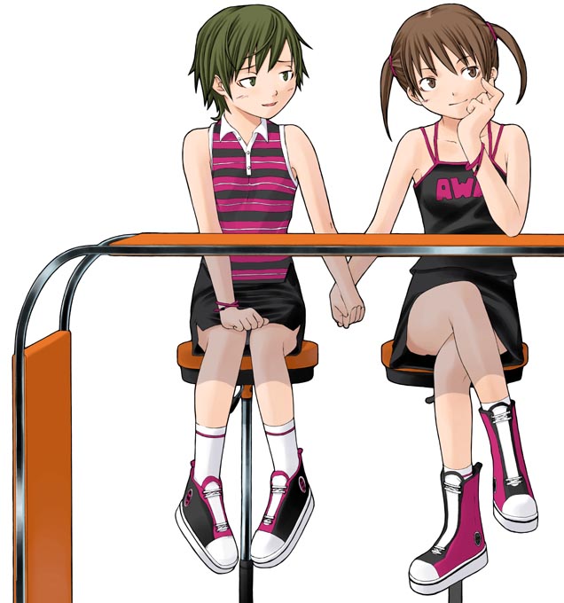 yasuda suzuhito, original, 2girls, brown eyes, brown hair, crossed legs, holding hands, multiple girls, short twintails, sitting, twintails, yuri