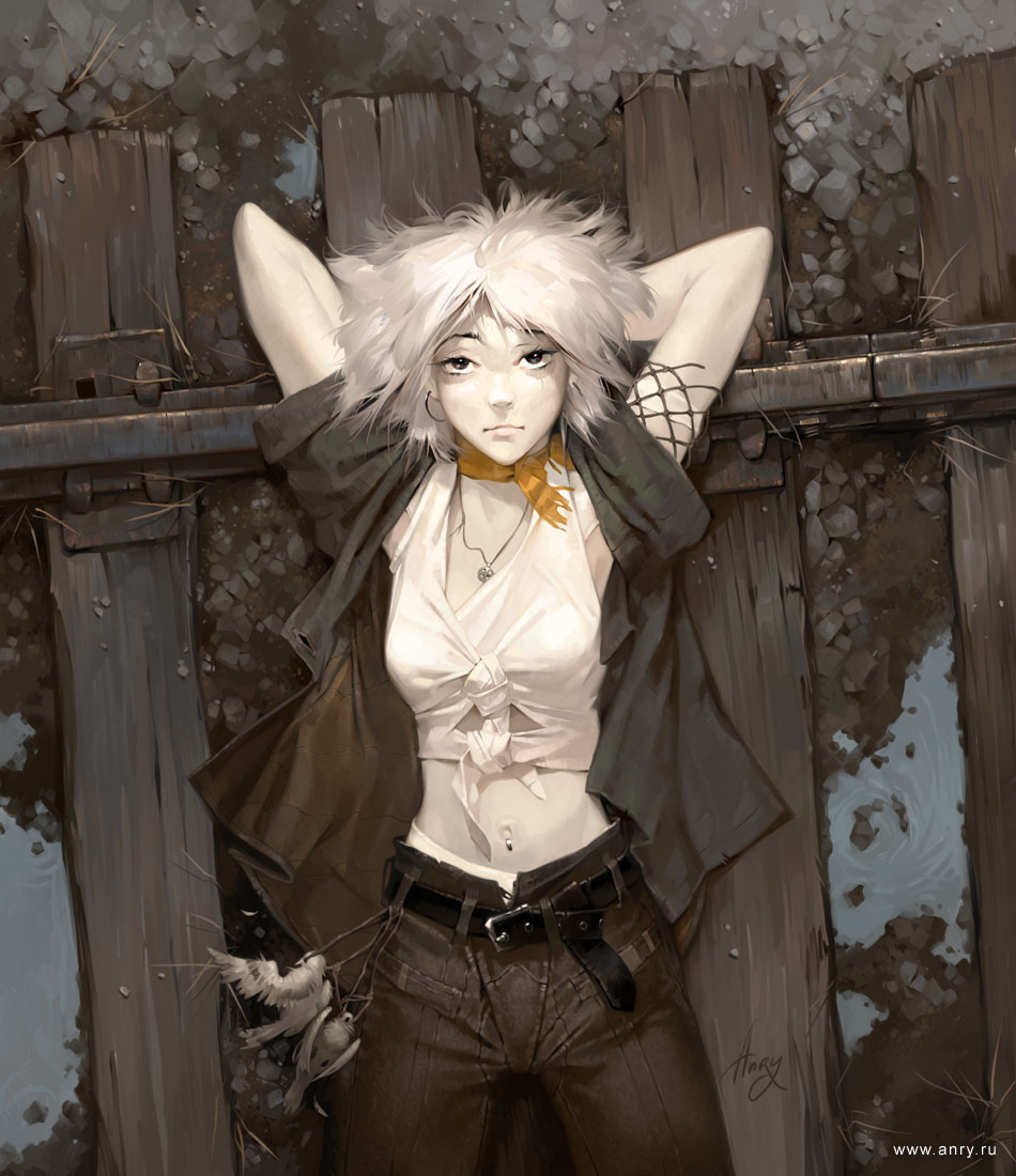 anry, original, 1girl, belt, bird, earrings, female focus, goth fashion, jewelry, lying, midriff, navel, navel piercing, necklace, on back, pale skin, piercing, railroad tracks, rain, short hair, solo, white hair