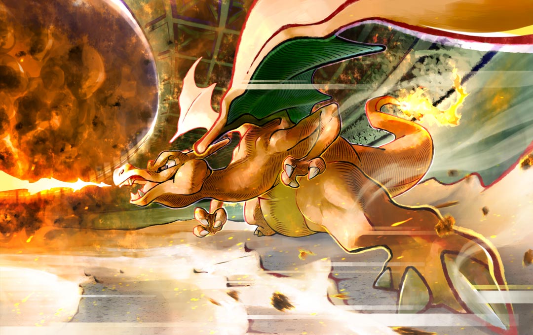 charizard, nintendo, pokemon, pokemon tcg, artist request, second-party source, breath weapon, breathing fire, claws, debris, dragon, dragon wings, fire, flame-tipped tail, gen 1 pokemon, no humans, pokemon (creature), pokemon focus, puffy cheeks, solo, tail, wind, wings