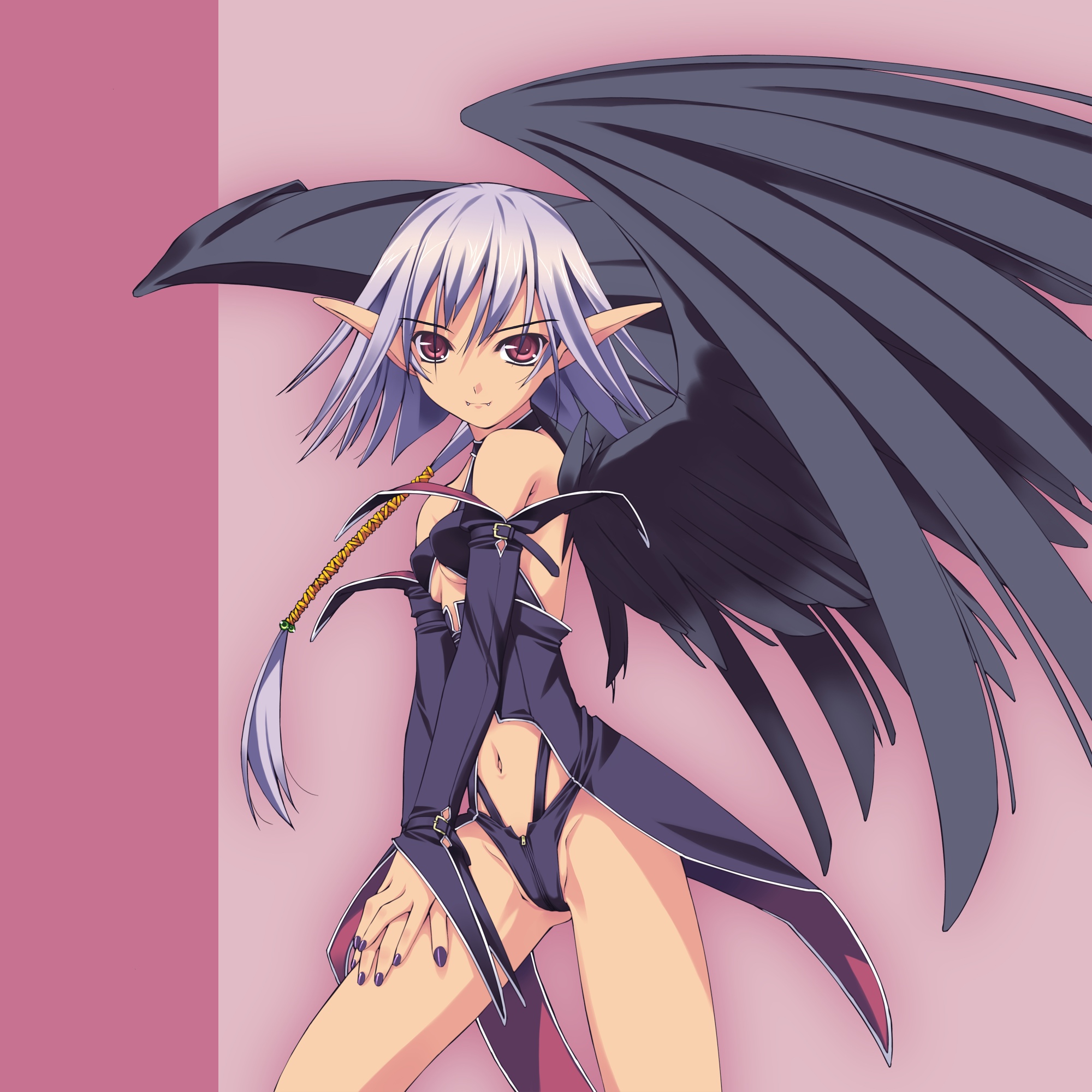 murakami suigun, f-ism, original, highres, 1girl, black wings, blue hair, breasts, demon, demon girl, female focus, looking at viewer, midriff, nail polish, navel, pointy ears, purple hair, purple nails, red eyes, small breasts, solo, wings