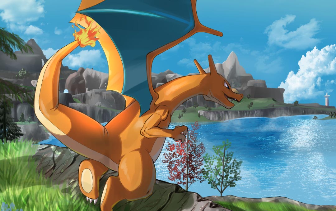 charizard, nintendo, pokemon, pokemon tcg, second-party source, blue sky, claws, cloud, day, dragon, dragon wings, fangs, fire, flame-tipped tail, gen 1 pokemon, grass, mountain, no humans, open mouth, outdoors, pokemon (creature), pokemon focus, sky, solo, sugimoto souta, tail, tree, v-shaped eyes, water, wings
