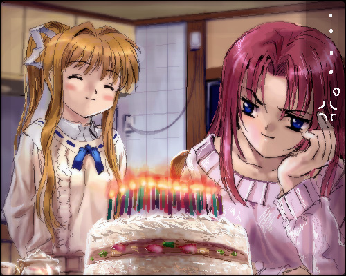 mutsuki (moonknives), kamio haruko, kamio misuzu, air (visual novel), lowres, 00s, 2girls, blonde hair, cake, food, indoors, multiple girls, pastry