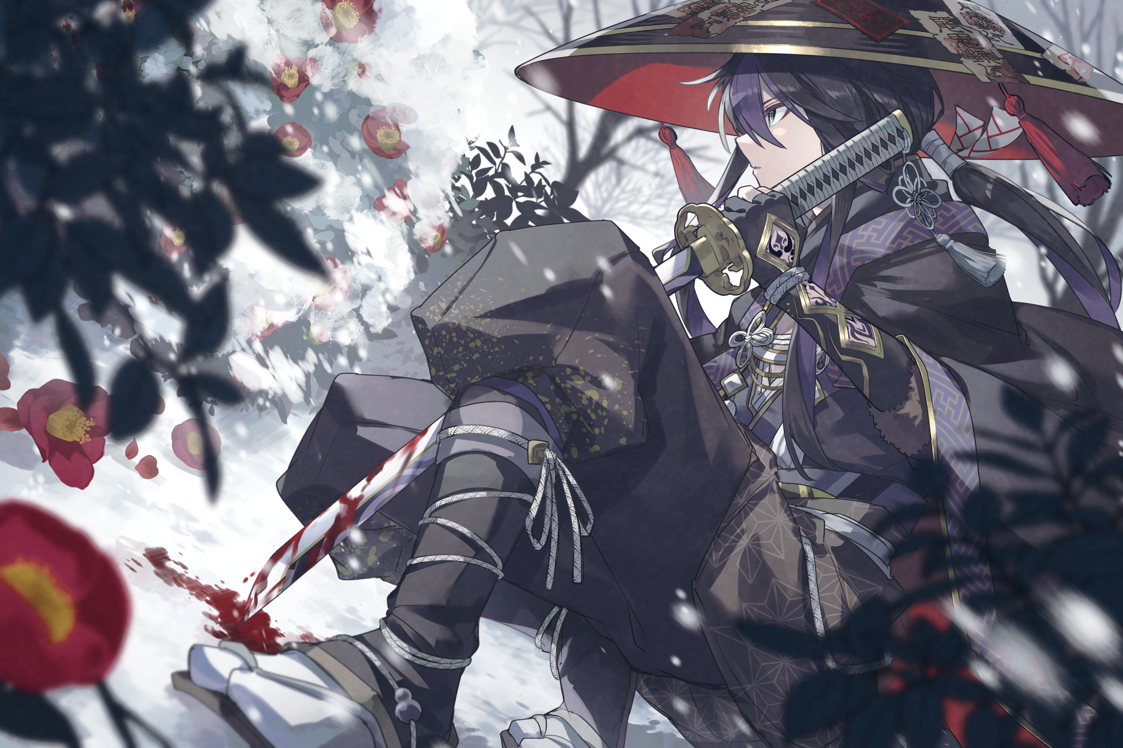 kuuron (moesann17), puzzle & dragons, absurdres, character request, highres, 1boy, bare tree, black eyes, black hair, black hat, black shirt, blood, blood on snow, bloody weapon, flower, gloves, hakama, hat, holding, holding sword, holding weapon, japanese clothes, katana, kimono, long hair, ponytail, red flower, red ribbon, ribbon, samurai, shirt, sitting, snow, solo, straw hat, sword, tree, weapon
