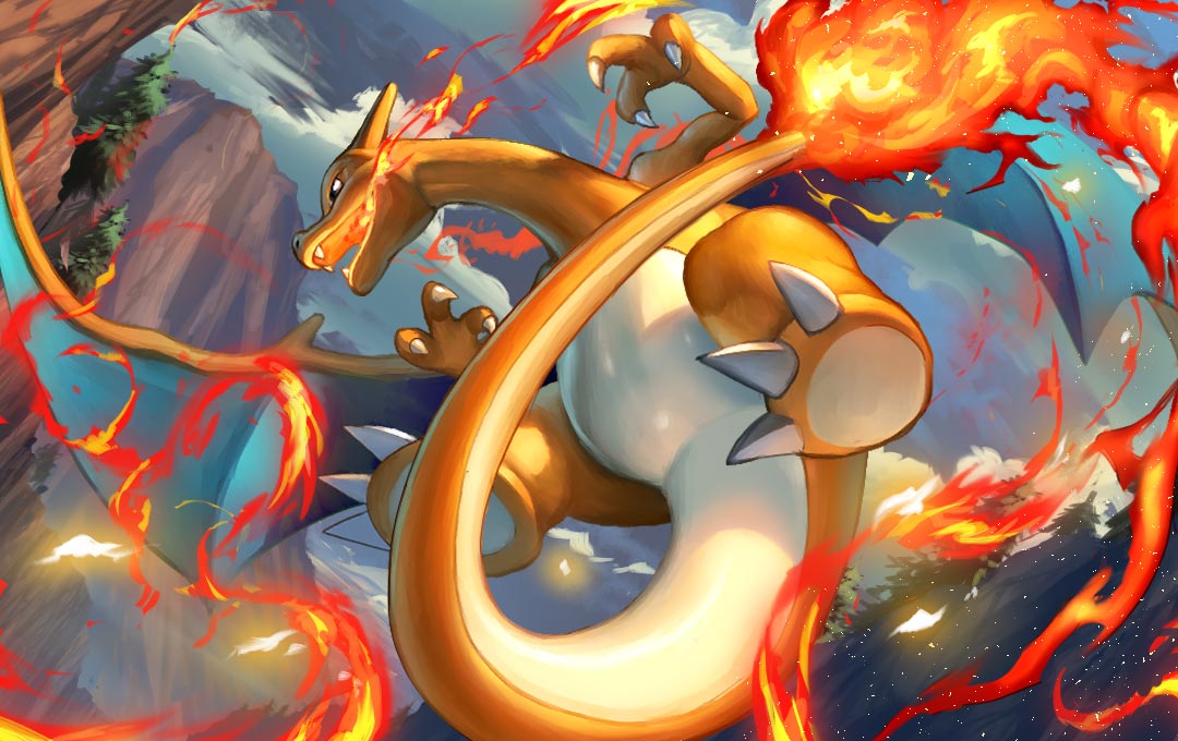 spareribs, charizard, nintendo, pokemon, pokemon tcg, second-party source, breath weapon, breathing fire, claws, cloud, dragon, dragon wings, embers, fangs, fire, flame-tipped tail, flying, gen 1 pokemon, open mouth, outdoors, pokemon (creature), pokemon focus, tail, tree, wings