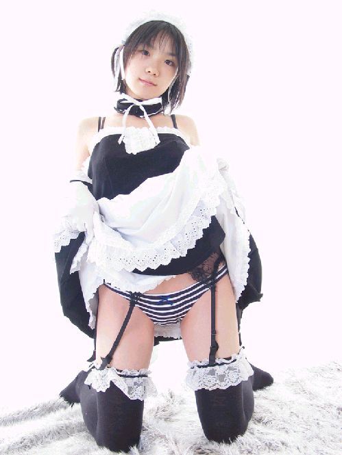 kore ga watashi no goshujin-sama, artist request, cosplay photo, jpeg artifacts, photo (medium), 1girl, apron, asian, bare shoulders, black hair, black thighhighs, clothes lift, cosplay, detached collar, elbow gloves, facing viewer, female focus, full body, garter belt, garter straps, gloves, head tilt, kneeling, lifting own clothes, looking at viewer, maid, maid headdress, nakabayashi yoshitaka's maid uniform, no shoes, panties, simple background, skirt, skirt lift, solo, striped clothes, striped panties, thighhighs, underwear, waist apron, white apron, white background, white gloves