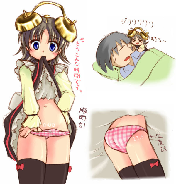 original, translation request, > <, 1boy, 1girl, = =, alarm clock, ass, bed, black thighhighs, blue eyes, blush, body writing, checkered clothes, checkered panties, chibi, clock, closed eyes, clothes lift, digital clock, dress, dress lift, grey hair, groin, hair ornament, lying, maid, midriff, mini person, minigirl, on side, panties, panty pull, personification, pillow, pink panties, plaid clothes, plaid panties, short hair, skirt, skirt lift, sleeping, sweatdrop, thighhighs, underwear, undressing, upskirt