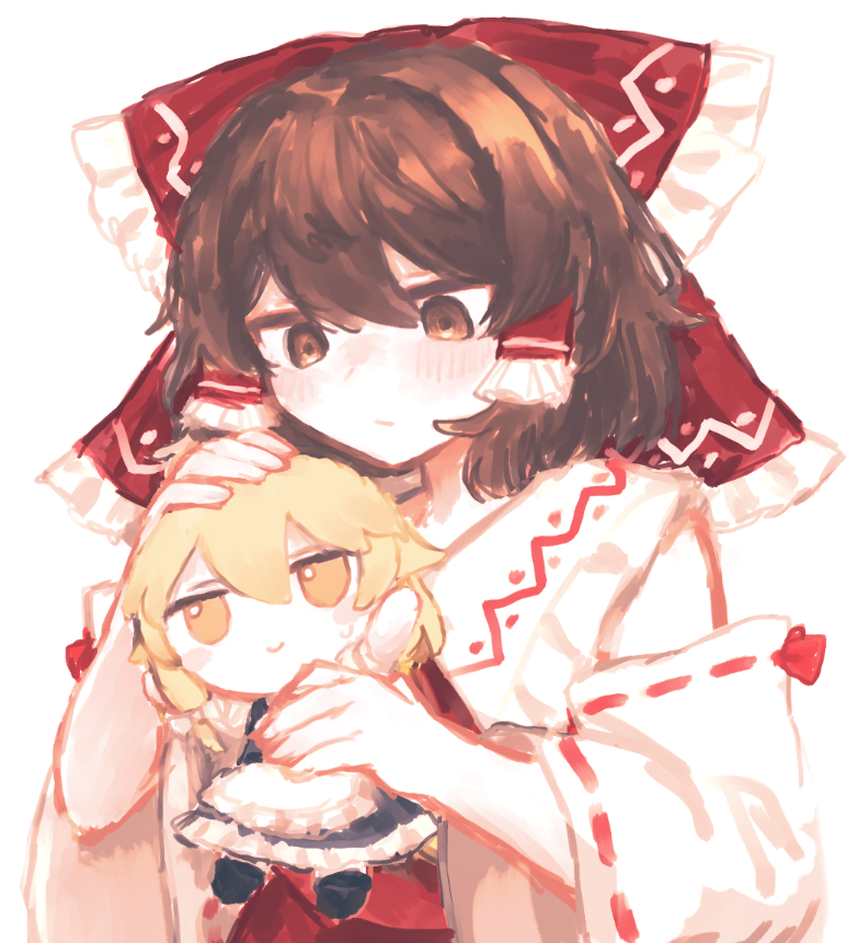 natucurage, hakurei reimu, kirisame marisa, touhou, 2girls, apron, bare shoulders, black skirt, black vest, blonde hair, blush, bow, braid, brown eyes, brown hair, detached sleeves, fumo (doll), hair between eyes, hair tubes, holding, holding stuffed toy, looking at another, looking at viewer, medium hair, multiple girls, red bow, red shirt, shirt, short sleeves, skirt, sleeveless, sleeveless shirt, smile, stuffed toy, upper body, vest, white background, yellow eyes