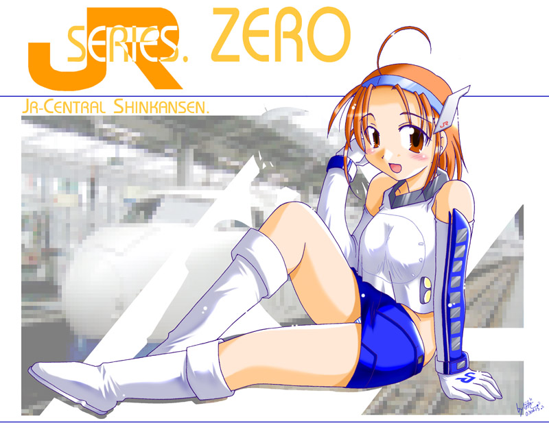 nagase takeshi, original, shinkansen, 1girl, ahoge, blush, boots, brown eyes, elbow gloves, female focus, gloves, high-speed train, mascot, miniskirt, orange hair, panties, pantyshot, personification, short hair, signature, sitting, skirt, solo, striped clothes, striped panties, train, train station, underwear, upskirt