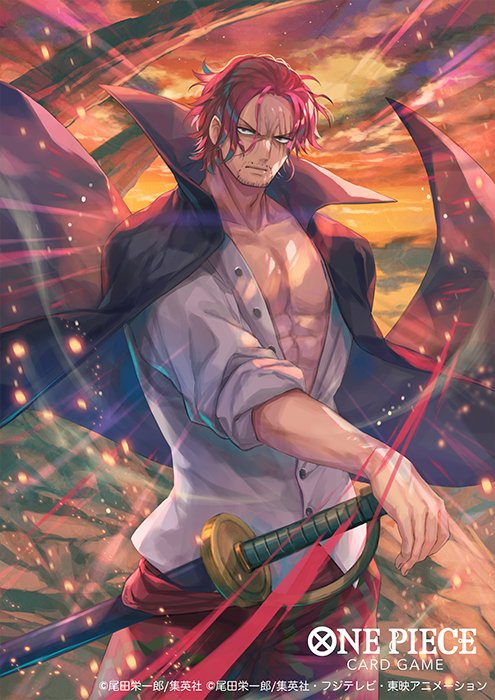bisaiiiii, shanks (one piece), one piece, one piece card game, commentary request, official art, 1boy, abs, beard stubble, black cape, cape, closed mouth, copyright name, cowboy shot, embers, facial hair, floating clothes, male focus, red hair, scar, scar on face, shirt, short hair, solo, stubble, sword, weapon, white shirt, wind