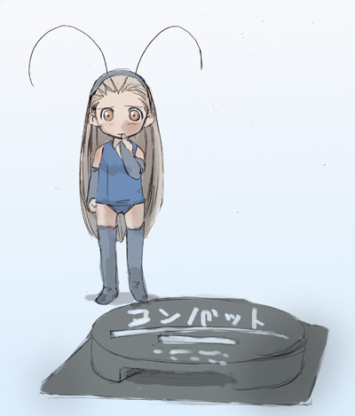 original, lowres, 1girl, antenna hair, arthropod girl, blue background, blue one-piece swimsuit, blush, brown eyes, bug, cameltoe, child, cockroach, cockroach girl, female focus, hand to own mouth, insect, long hair, mini person, minigirl, monster girl, one-piece swimsuit, poison, school swimsuit, simple background, solo, standing, swimsuit, thick eyebrows