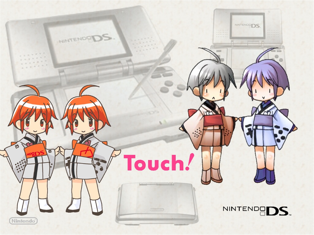 original, 4girls, :>, :<, ahoge, blush stickers, grey hair, handheld game console, japanese clothes, kimono, mascot, mini person, minigirl, multiple girls, nintendo ds, obi, orange hair, personification, product girl, purple hair, sash, short kimono, smile, text focus, yukata
