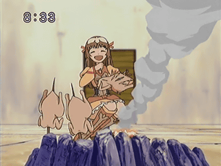 re mii, zoids, zoids genesis, animated, animated gif, anime screenshot, lowres, 00s, 1girl, brown hair, chicken (food), clock, cooking, female focus, fire, food, long hair, qvga, smoke, solo
