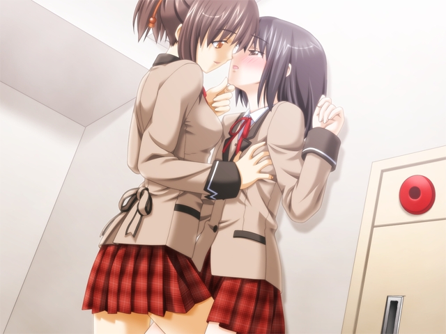 kani biimu, yamabuki chisato, touji no sato, game cg, 2girls, against wall, blazer, blush, breasts, brown hair, couple, eye contact, frottage, grabbing another's breast, grabbing another's chin, grey hair, groping, hand on another's chin, imminent kiss, jacket, looking at another, medium breasts, multiple girls, open mouth, orange eyes, pleated skirt, ponytail, school uniform, short hair, skirt, small breasts, yuri
