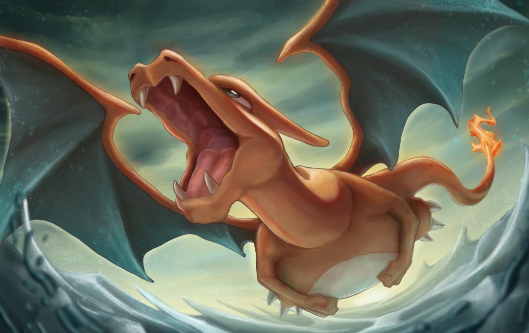 charizard, nintendo, pokemon, pokemon tcg, second-party source, dragon, fangs, fire, flame-tipped tail, flying, gen 1 pokemon, no humans, nostrils, open mouth, pokemon (creature), pokemon focus, ross verseman, solo, tail, water