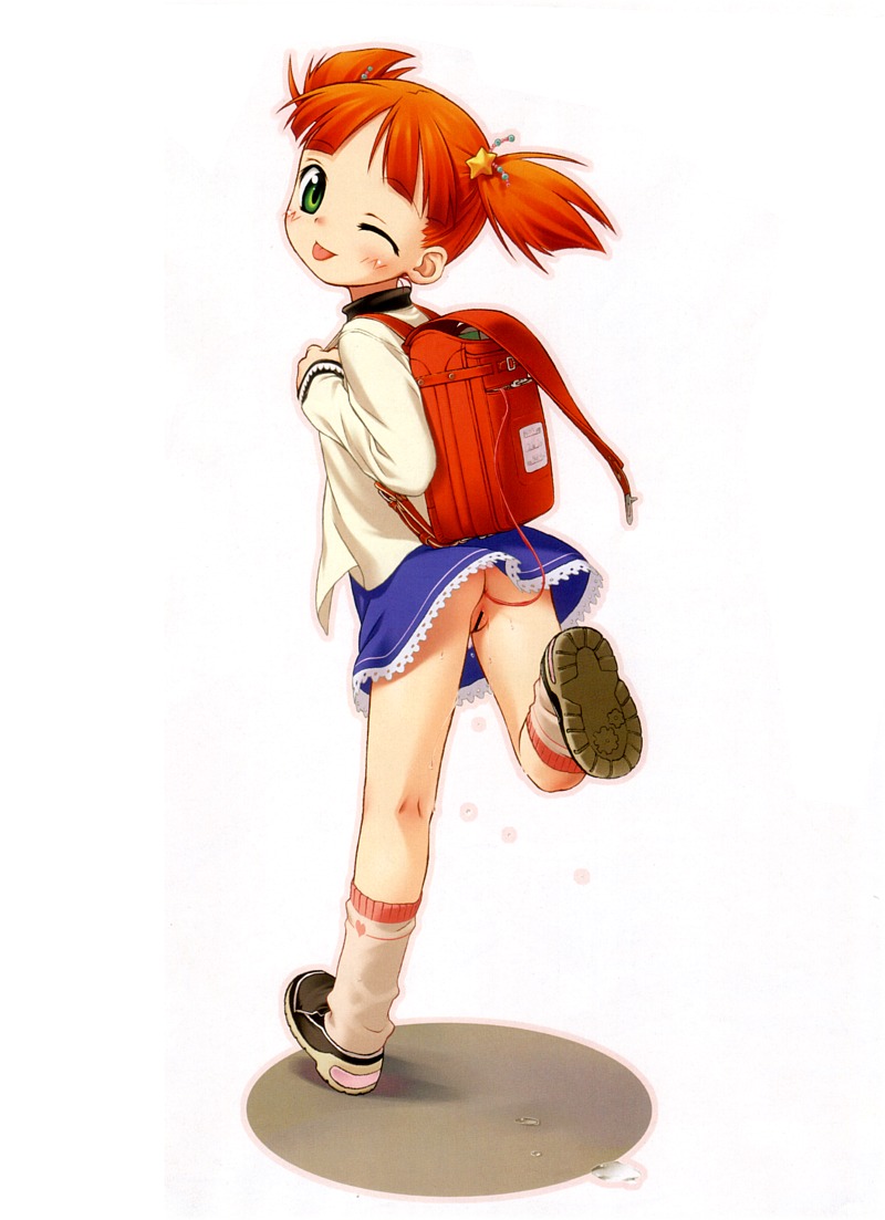 original, artist request, 1girl, ;p, anal, anal object insertion, ass, backpack, bag, bar censor, blush, censored, discreet vibrator, female focus, flat ass, flat chest, from behind, green eyes, hair ornament, heart, lace, loli, looking back, no panties, object insertion, one eye closed, orange hair, pussy, pussy juice, randoseru, red hair, running, sex toy, shoes, short hair, short twintails, skirt, sneakers, socks, solo, star (symbol), tongue, tongue out, turtleneck, twintails, upskirt, vibrator, wink