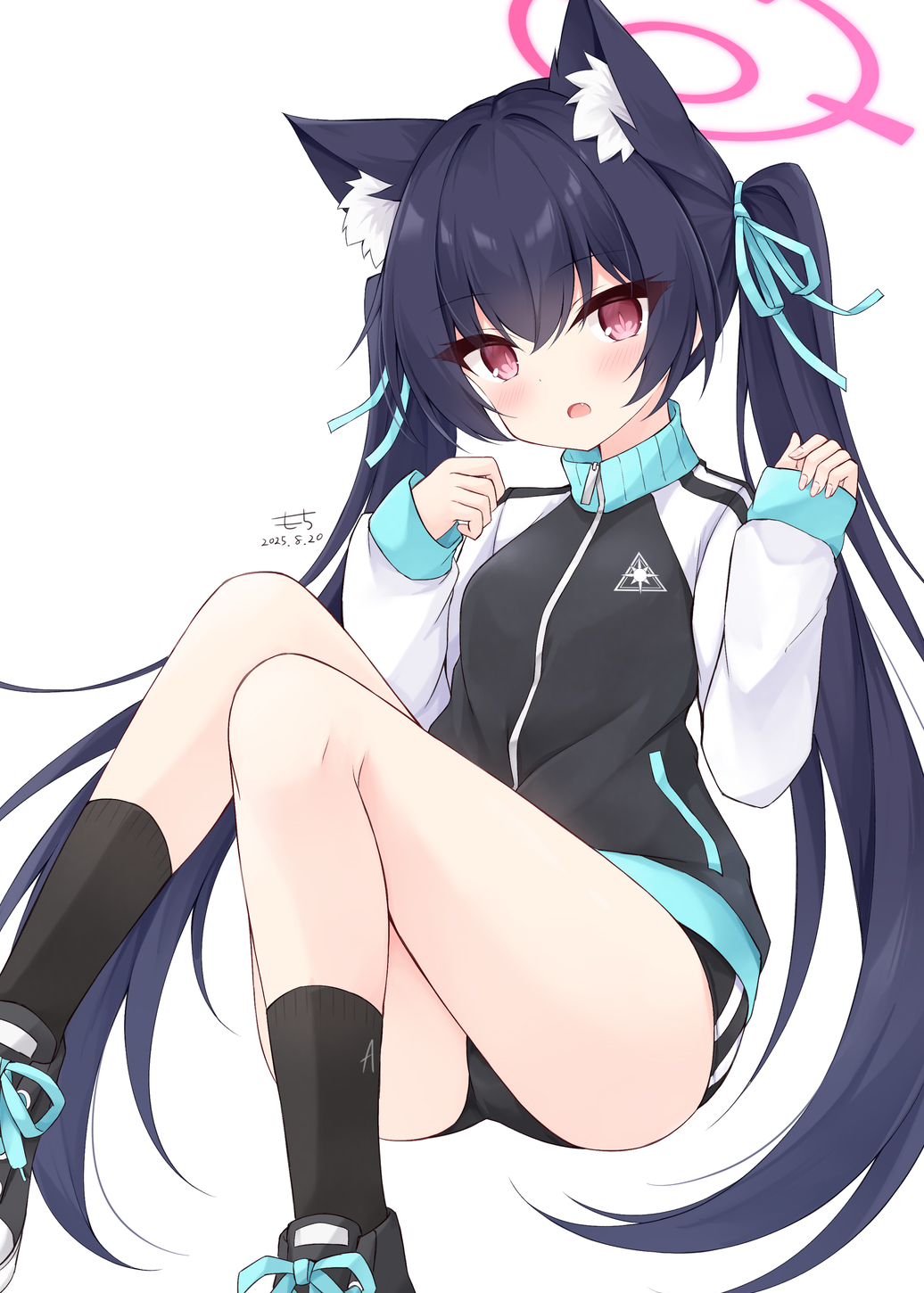 mochizuki riku, serika (blue archive), blue archive, commentary request, highres, 1girl, animal ear fluff, animal ears, black buruma, black hair, black shoes, black socks, blue ribbon, blush, breasts, buruma, cat ears, cat girl, dated, hair ribbon, halo, jacket, long hair, long sleeves, looking at viewer, open mouth, pink eyes, pink halo, ribbon, shoes, signature, simple background, sitting, sleeves past wrists, small breasts, sneakers, socks, solo, track jacket, twintails, very long hair, white background