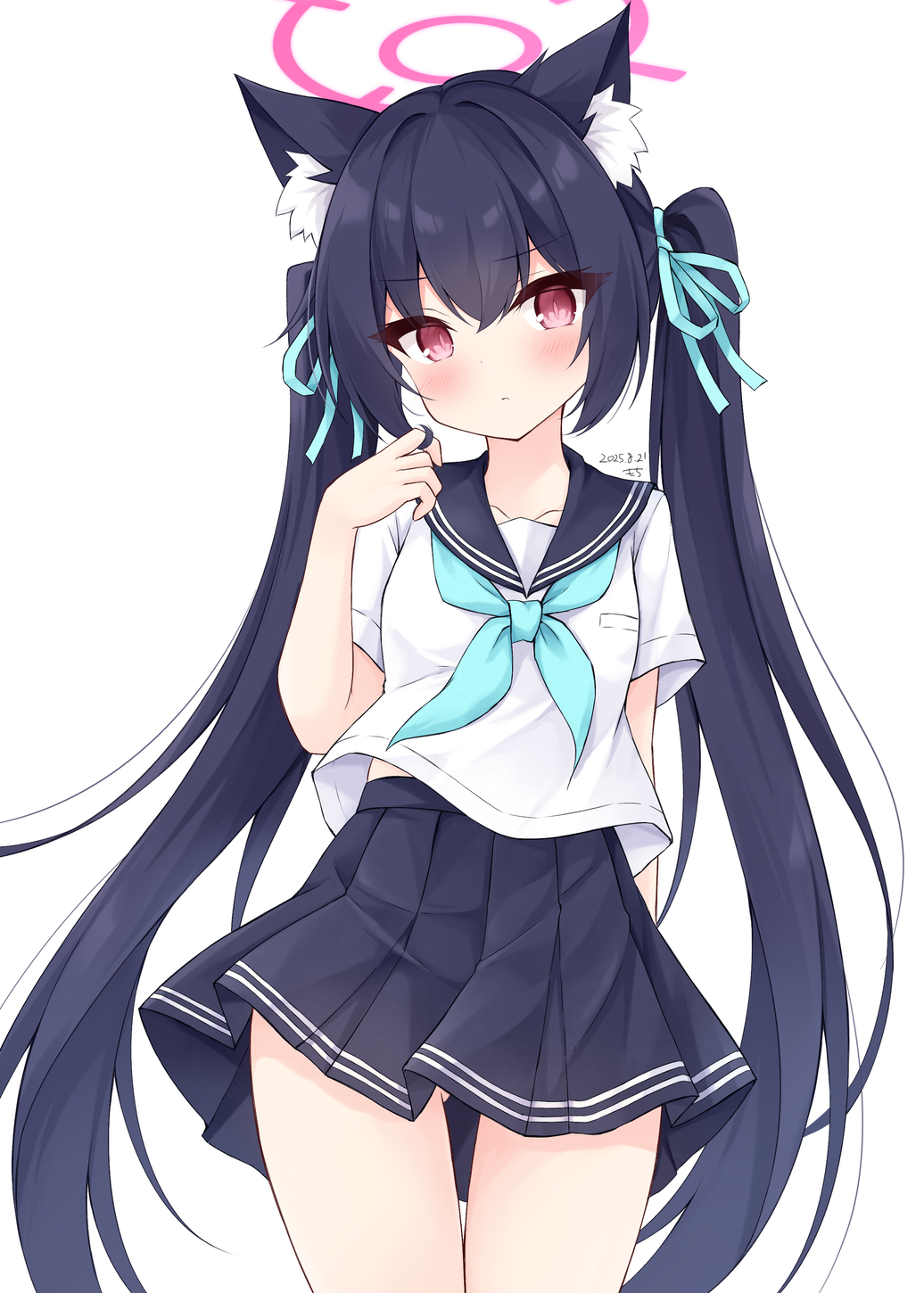 mochizuki riku, serika (blue archive), blue archive, commentary request, highres, 1girl, animal ear fluff, animal ears, black hair, black sailor collar, black skirt, blue neckerchief, blue ribbon, blush, breasts, cat ears, cat girl, closed mouth, cowboy shot, dated, gluteal fold, hair ribbon, halo, hands up, long hair, looking at viewer, miniskirt, neckerchief, pink eyes, pink halo, pleated skirt, ribbon, sailor collar, sailor shirt, school uniform, serafuku, shirt, short sleeves, signature, simple background, skirt, small breasts, solo, twintails, very long hair, white background