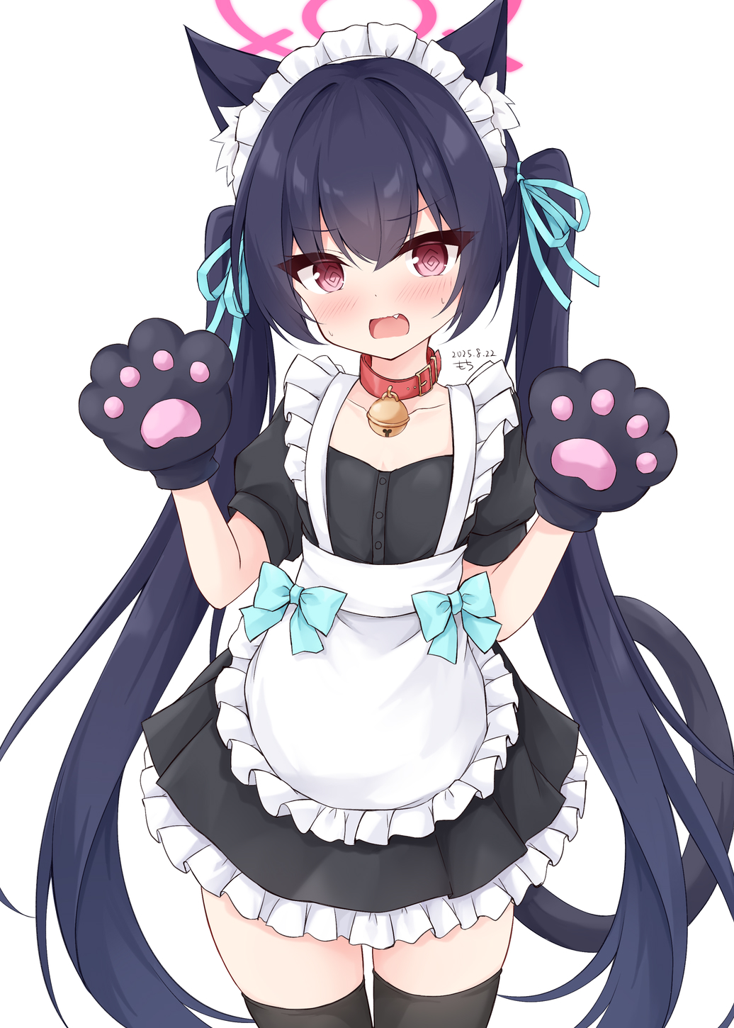 mochizuki riku, serika (blue archive), blue archive, commentary request, highres, 1girl, @ @, alternate costume, animal ear fluff, animal ears, animal hands, apron, bell, black dress, black hair, black thighhighs, blue bow, blue ribbon, blush, bow, breasts, cat ears, cat girl, cat tail, collar, collarbone, cowboy shot, dated, dress, enmaided, fang, frilled apron, frilled dress, frills, gloves, hair ribbon, halo, hands up, jingle bell, long hair, looking at viewer, maid, maid headdress, neck bell, open mouth, paw gloves, pink eyes, pink halo, puffy short sleeves, puffy sleeves, red collar, ribbon, short sleeves, signature, simple background, small breasts, solo, sweat, tail, thighhighs, twintails, very long hair, white apron, white background