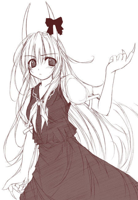 yumesato makura, ex-keine, kamishirasawa keine, touhou, 1girl, brown theme, claws, female focus, fingernails, horn ornament, horn ribbon, horns, long hair, monochrome, ribbon, sketch, slit pupils, solo
