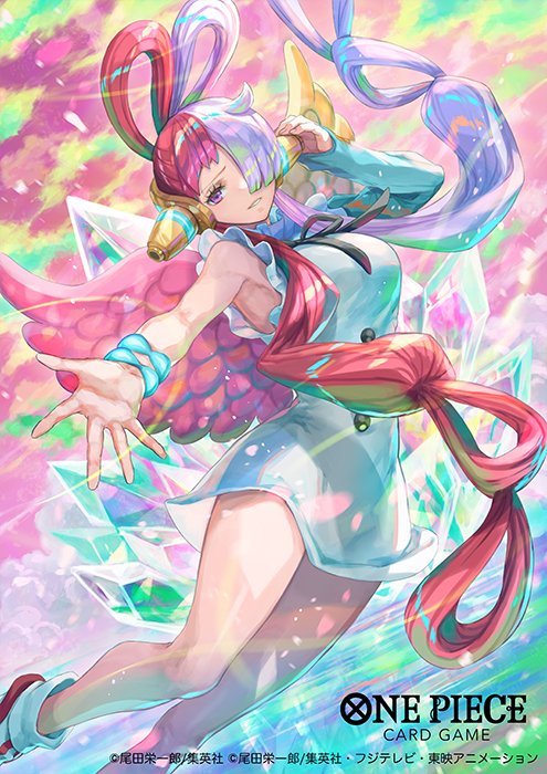 bisaiiiii, uta (one piece), one piece, one piece card game, one piece film: red, commentary request, official art, 1girl, blue gloves, bracelet, copyright name, dress, elbow gloves, eyelashes, gloves, hair over one eye, headphones, jewelry, looking at viewer, multicolored hair, parted lips, purple eyes, red hair, short dress, single elbow glove, twintails, two-tone hair, white dress, white hair, wings