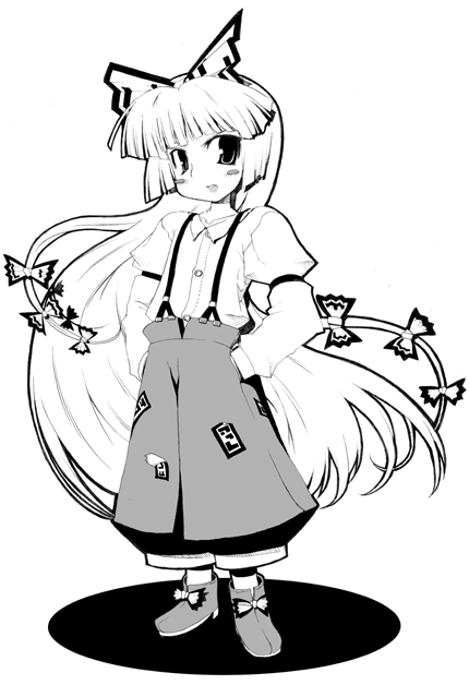 ooide chousuke, fujiwara no mokou, touhou, 1girl, blush stickers, female focus, greyscale, hand in pocket, long hair, looking at viewer, monochrome, open mouth, solo, suspenders, very long hair