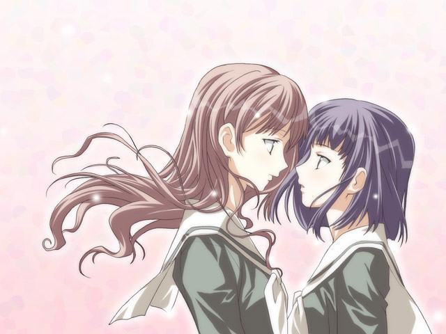 nijou noriko, toudou shimako, maria-sama ga miteru, 00s, 2girls, brown hair, couple, eye contact, imminent kiss, long hair, looking at another, multiple girls, school uniform, serafuku, short hair, wind, wind lift, yuri