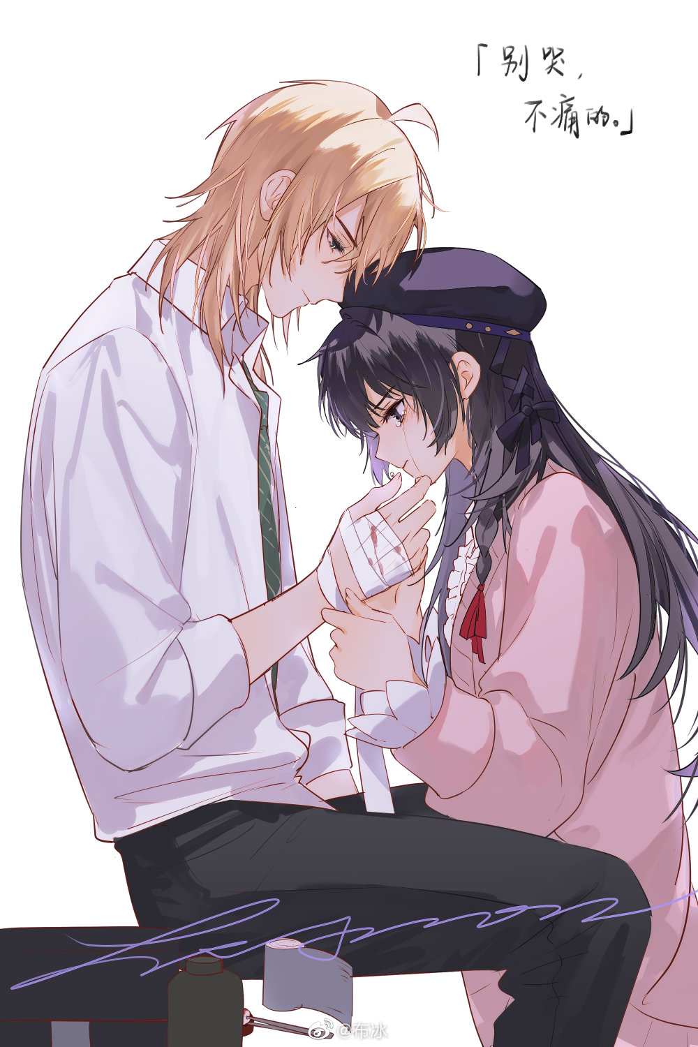 bubing, alkaid mcgrath, heroine (lovebrush chronicles), lovebrush chronicles, highres, 1boy, 1girl, ahoge, applying bandages, bandaged hand, bandages, beret, black hair, black hat, black pants, black ribbon, blonde hair, blood, bloody bandages, blunt bangs, bottle, braid, cardigan, chinese text, closed mouth, collared shirt, cotton ball, crying, crying with eyes open, diagonal-striped clothes, diagonal-striped necktie, expressionless, feet out of frame, first aid, first aid kit, from side, frown, green eyes, green necktie, hair between eyes, hair ribbon, hat, holding bandages, invisible chair, long hair, long sleeves, looking at another, looking down, medium hair, necktie, pants, pink cardigan, profile, red ribbon, ribbon, shirt, side braid, simple background, sitting, striped clothes, tears, three-quarter sleeves, tweezers, upper body, watermark, weibo watermark, white background, white shirt
