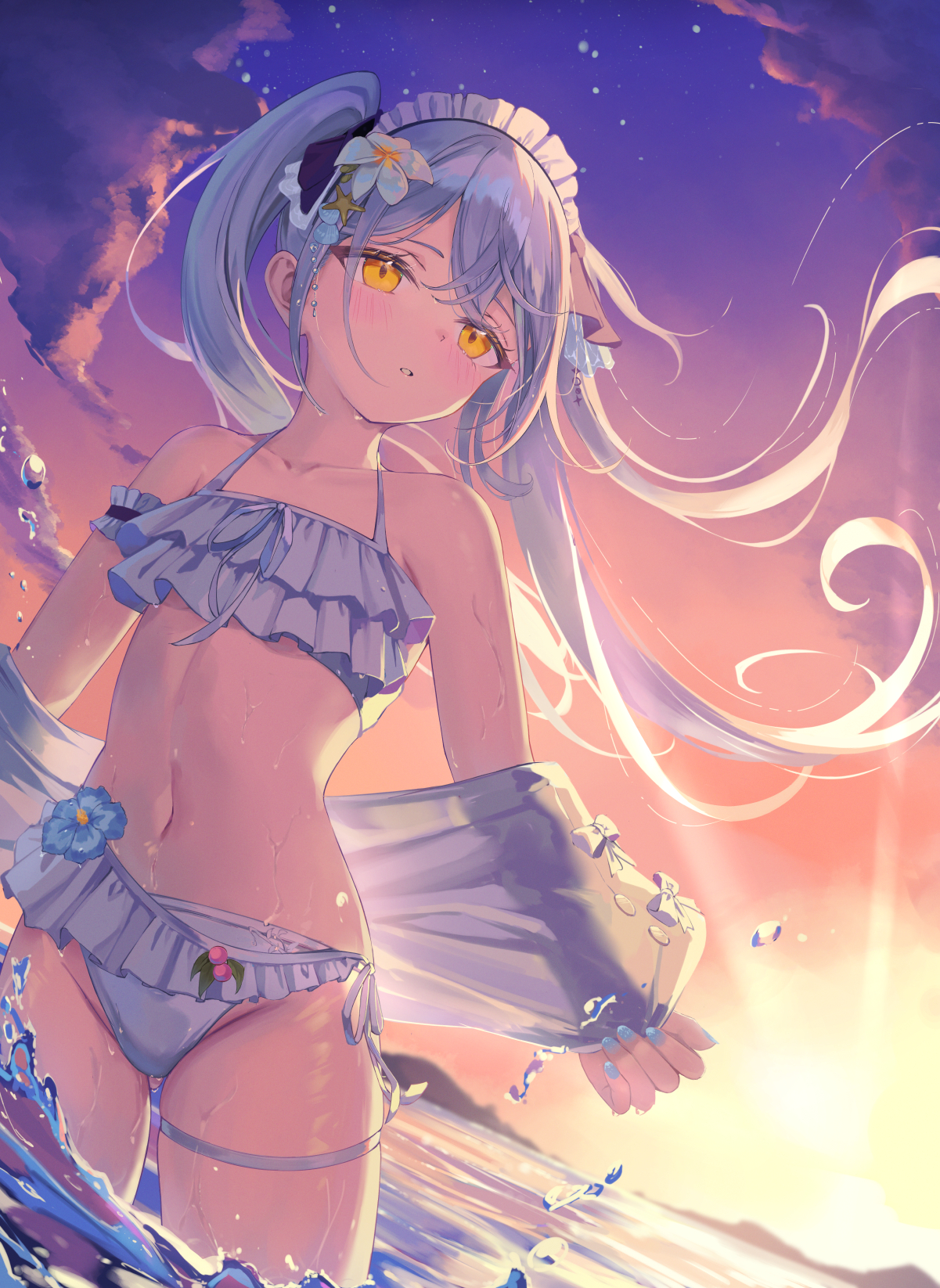 akie (44265104), original, highres, 1girl, arm scrunchie, bikini, blue flower, cloud, flower, frilled bikini, frilled hairband, frills, gluteal fold, hair flower, hair ornament, hairband, long hair, navel, see-through clothes, see-through sleeves, shell hair ornament, star (sky), starfish hair ornament, stomach, sunset, swimsuit, twintails, very long hair, water, wet, white bikini, white hair, white hairband, yellow eyes