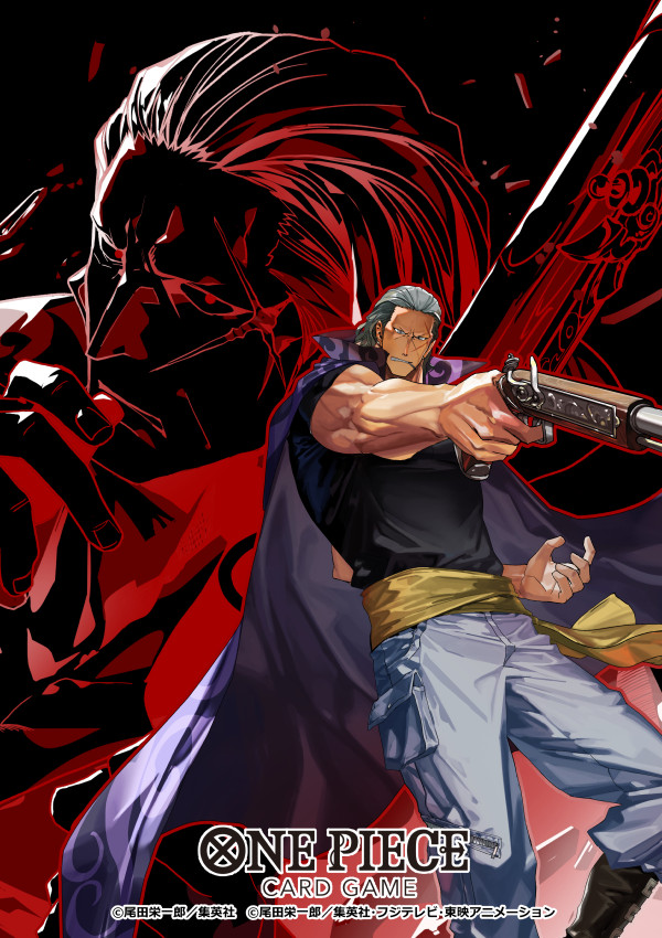 matsumoto akira, benn beckman, one piece, one piece card game, commentary request, official art, 1boy, black shirt, cape, cigarette, copyright name, grey hair, gun, hair slicked back, holding, holding gun, holding weapon, male focus, medium hair, multiple views, sash, scar, scar on face, shirt, weapon, yellow sash