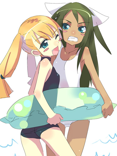 usatsuka eiji, original, 2girls, :d, animal ears, blonde hair, blue eyes, blush stickers, cat ears, cat girl, clenched teeth, dark-skinned female, dark skin, fang, female focus, green hair, innertube, long hair, multiple girls, one-piece swimsuit, one eye closed, open mouth, smile, swim ring, swimsuit, teeth, twintails, white background, white one-piece swimsuit