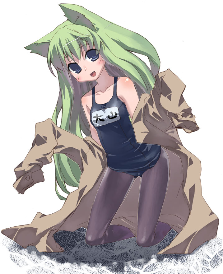 yasu, original, 1girl, animal ears, cat ears, cat girl, female focus, green hair, name tag, one-piece swimsuit, pantyhose, pantyhose under swimsuit, school swimsuit, solo, swimsuit