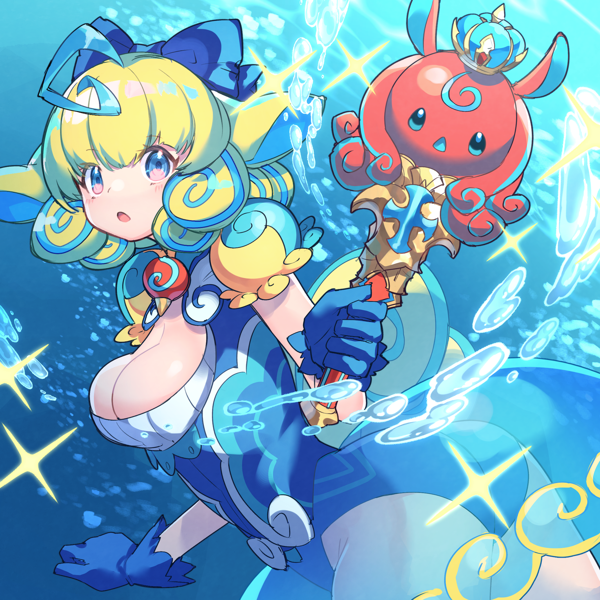 kuuron (moesann17), highres, ahoge, air bubble, blonde hair, blue bow, blue eyes, blue hair, bow, breasts, bubble, gloves, hair bow, large breasts, marle (puzzle & dragons), multicolored hair, octopus, swimsuit, underwater