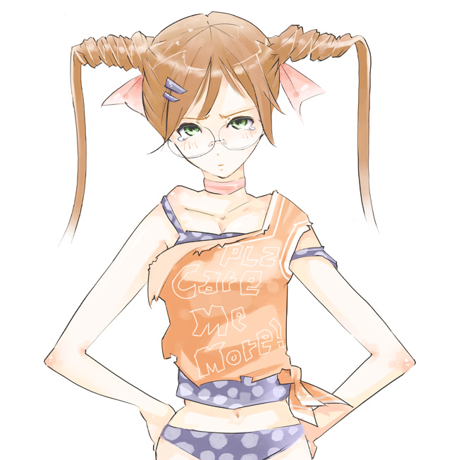original, 1girl, bikini, choker, drill hair, english text, engrish text, female focus, glasses, hands on own hips, looking at viewer, navel, polka dot, polka dot bikini, ranguage, solo, strap slip, swimsuit, twintails