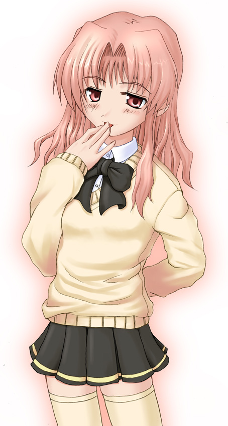 otsutama takashi, morino ichigo, onegai teacher, 00s, 1girl, female focus, gradient background, long hair, pink eyes, pink hair, pleated skirt, school uniform, serafuku, skirt, solo, thighhighs, yellow thighhighs, zettai ryouiki