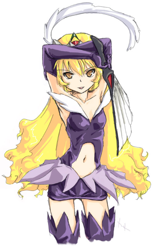 akiyama nenehisa, amano misao (pretty sammy), pixy misa, pretty sammy, mahou shoujo pretty sammy, 1990s (style), 1girl, armpits, blonde hair, boots, breasts, elbow gloves, female focus, gloves, long hair, retro artstyle, small breasts, solo, thigh boots, thighhighs, yellow eyes