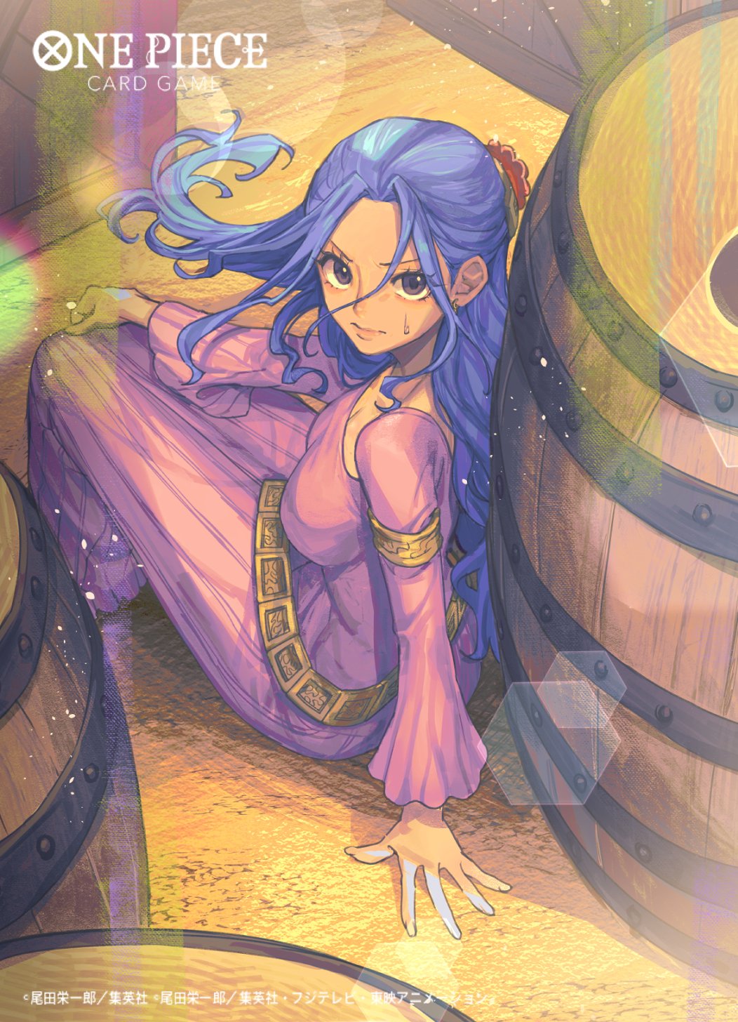 sunohara (encount), nefertari vivi, one piece, one piece card game, commentary request, highres, official art, 1girl, barrel, blue hair, brown eyes, closed mouth, copyright name, dress, eyelashes, half updo, hiding, light rays, long hair, long sleeves, pink dress, sidelocks, sitting, solo, sunbeam, sunlight, sweatdrop
