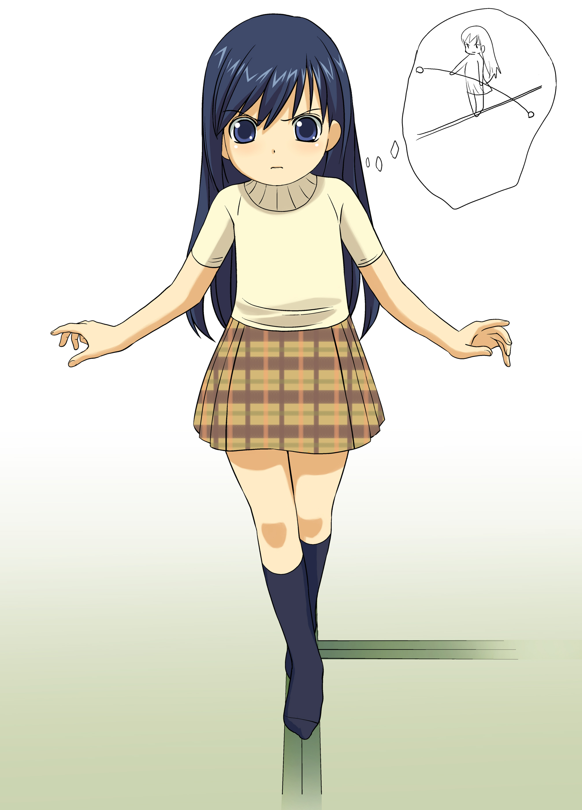 a1 (initial-g), ogasawara sachiko, maria-sama ga miteru, absurdres, highres, 00s, 1girl, aged down, balancing, blue eyes, blue hair, child, female focus, kneehighs, long hair, matching hair/eyes, plaid clothes, plaid skirt, skirt, socks, solo, turtleneck