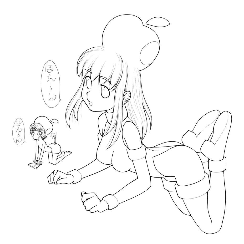 osx, apple inc., macintosh, os-tan, 2girls, :d, all fours, apple, ass, bare shoulders, barefoot, bodysuit, boots, breasts, clenched hand, elbow gloves, flat chest, food, food-themed clothes, from side, fruit, full body, gloves, greyscale, halterneck, high heel boots, high heels, highleg, highleg leotard, leotard, lineart, long hair, looking at viewer, medium breasts, mini person, minigirl, monochrome, multiple girls, open mouth, short hair, sidelocks, size difference, smile, speech bubble, tail, thighhighs, thong leotard, topless female, turtleneck, wrist cuffs