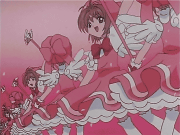kinomoto sakura, kinomoto sakura (magician), cardcaptor sakura, animated, animated gif, anime screenshot, lowres, 1990s (style), 1girl, antenna hair, blouse, cherry blossoms, child, collared shirt, dress, female focus, fuuin no tsue, gloves, gradient background, hat, lingerie, magical girl, multiple persona, petticoat, pinafore dress, pink background, pink dress, pink hat, pink theme, retro artstyle, ribbon, shirt, sleeveless, sleeveless dress, solo, thighhighs, underwear, wand, white gloves, white shirt, white thighhighs, wings