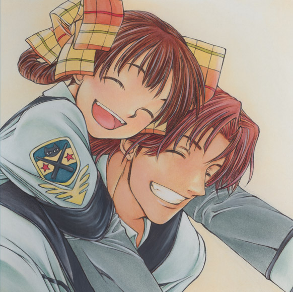 higashihara nonomi, setoguchi takayuki, gunparade march, sepia background, uniform, 00s, 1boy, 1girl, arms around neck, bow, brown hair, closed eyes, grin, hair ribbon, hetero, hug, hug from behind, ribbon, short hair, smile, yellow bow