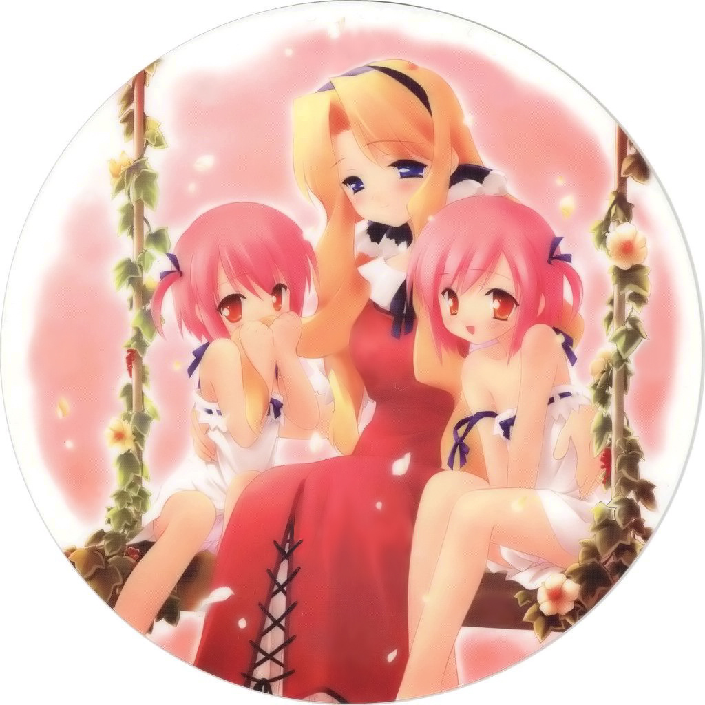gayarou, kousaka alice, kousaka maria, suigetsu, character request, jpeg artifacts, 3girls, bench, blonde hair, blue eyes, blush, circle, dress, flower, hairband, hug, ivy, loli, long hair, multiple girls, petals, pink hair, red eyes, short hair, short twintails, siblings, sisters, sitting, smile, strap slip, twins, twintails