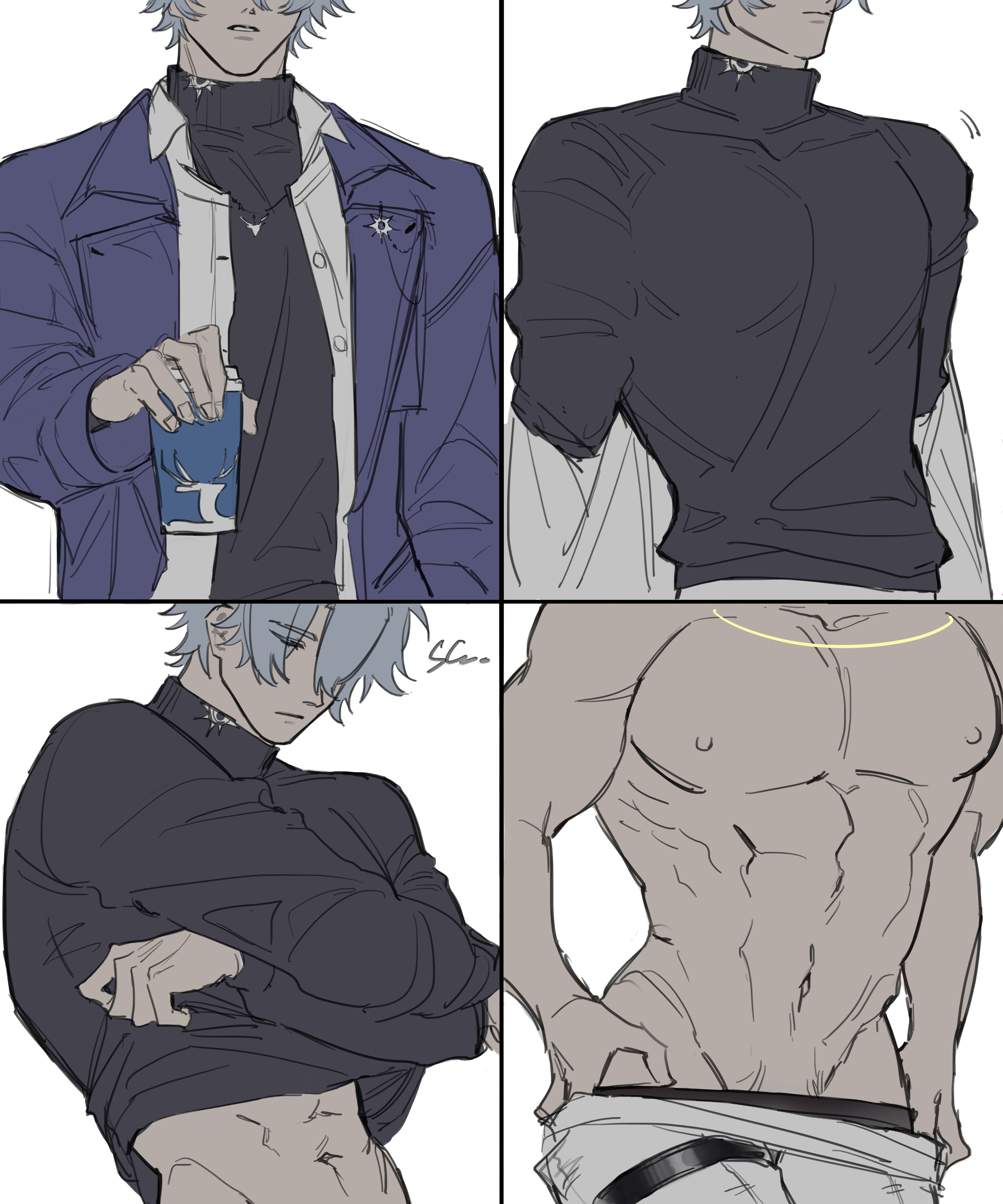 phainon (honkai: star rail), honkai: star rail, honkai (series), absurdres, highres, 1boy, black sweater, closed eyes, coat, cup, flat color, grey hair, hair between eyes, holding, holding cup, male focus, muscular, muscular male, nipples, official alternate costume, open clothes, open coat, open shirt, pants, parted bangs, phainon (luckin coffee) (honkai: star rail), purple coat, shirt, short hair, simple background, solo, sweater, turtleneck, turtleneck sweater, undressing, white background, white pants, white shirt, xanrqk