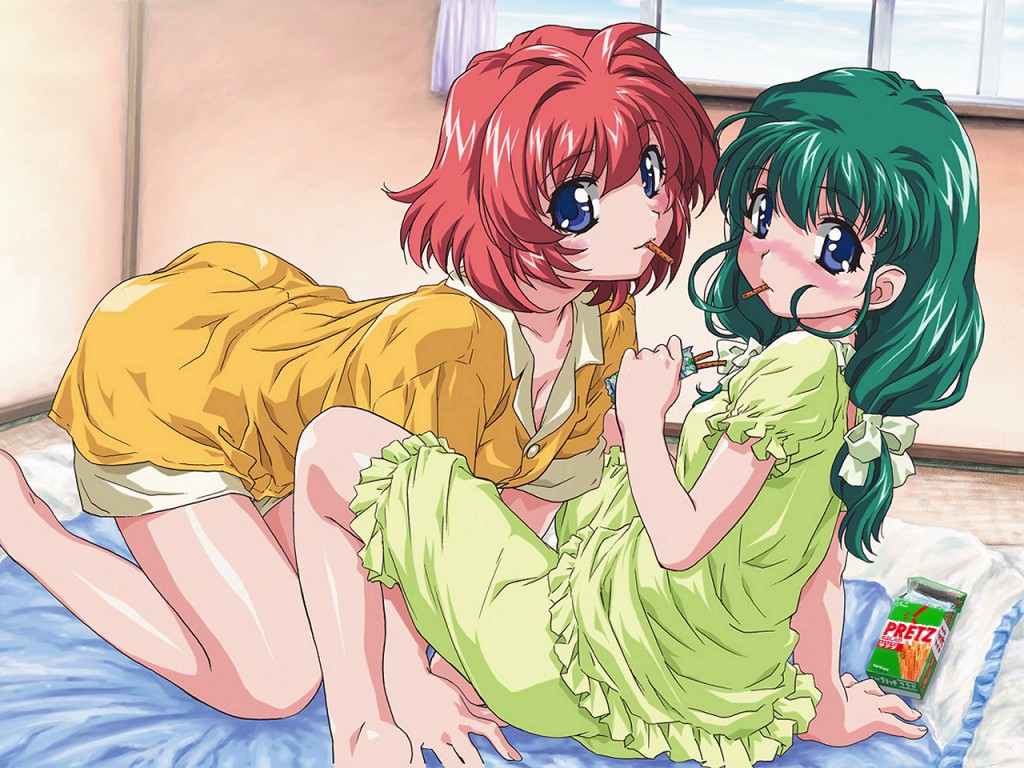 miyafuji miina, onodera karen, onegai twins, 00s, 2girls, all fours, bed, blue eyes, blush, food, green hair, long hair, looking at viewer, low-tied long hair, multiple girls, nightgown, pajamas, pink hair, pocky, red hair